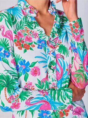 G Lifestyle Flamingo Long Sleeve Double Ruffle Top Golf Tennis Gottex